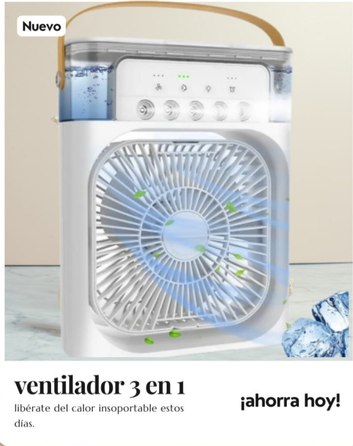 Ventilador de aire acondiconado Portatil, 3 velocidades de viento y rociador con luz Led de Colores