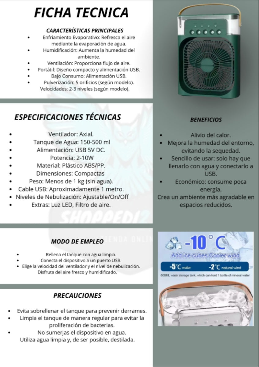 Ventilador de aire acondiconado Portatil, 3 velocidades de viento y rociador con luz Led de Colores